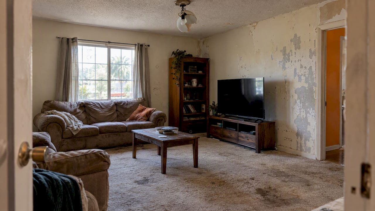 Peeling paint stained carpet and broken fixture